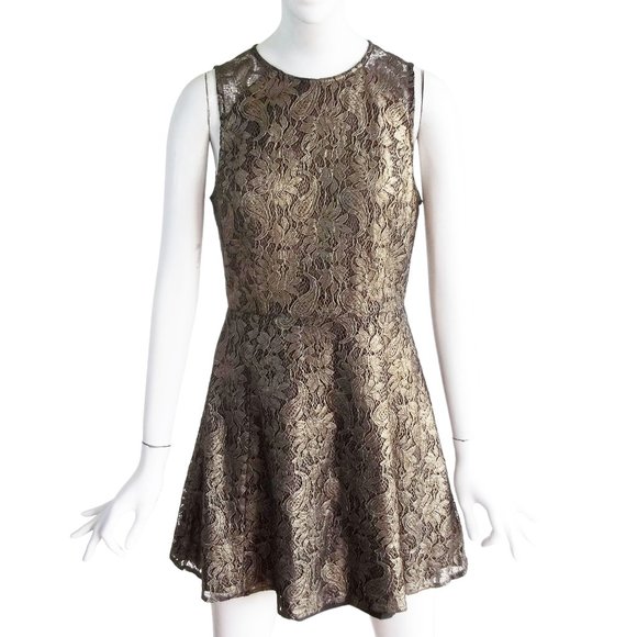IF BY SEA Gold Lace Overlay Black Mini Fit n Flare Dress w Cutout Back Sz M NWT - Picture 1 of 8